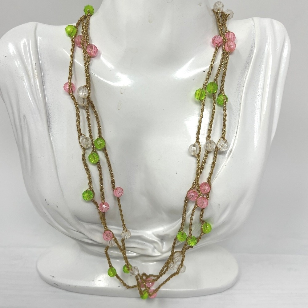 Vintage Long Necklace Braided Gold Tone Chain Green Pink and White Beads 72 inch